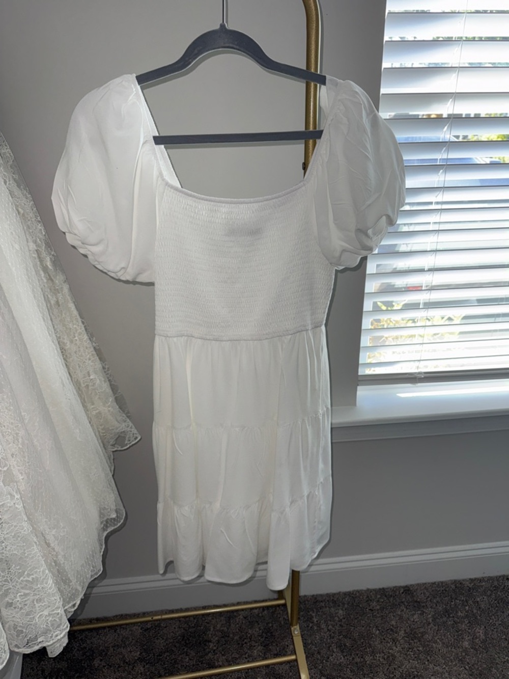 White Puff-Sleeve Smocked Midi Dress